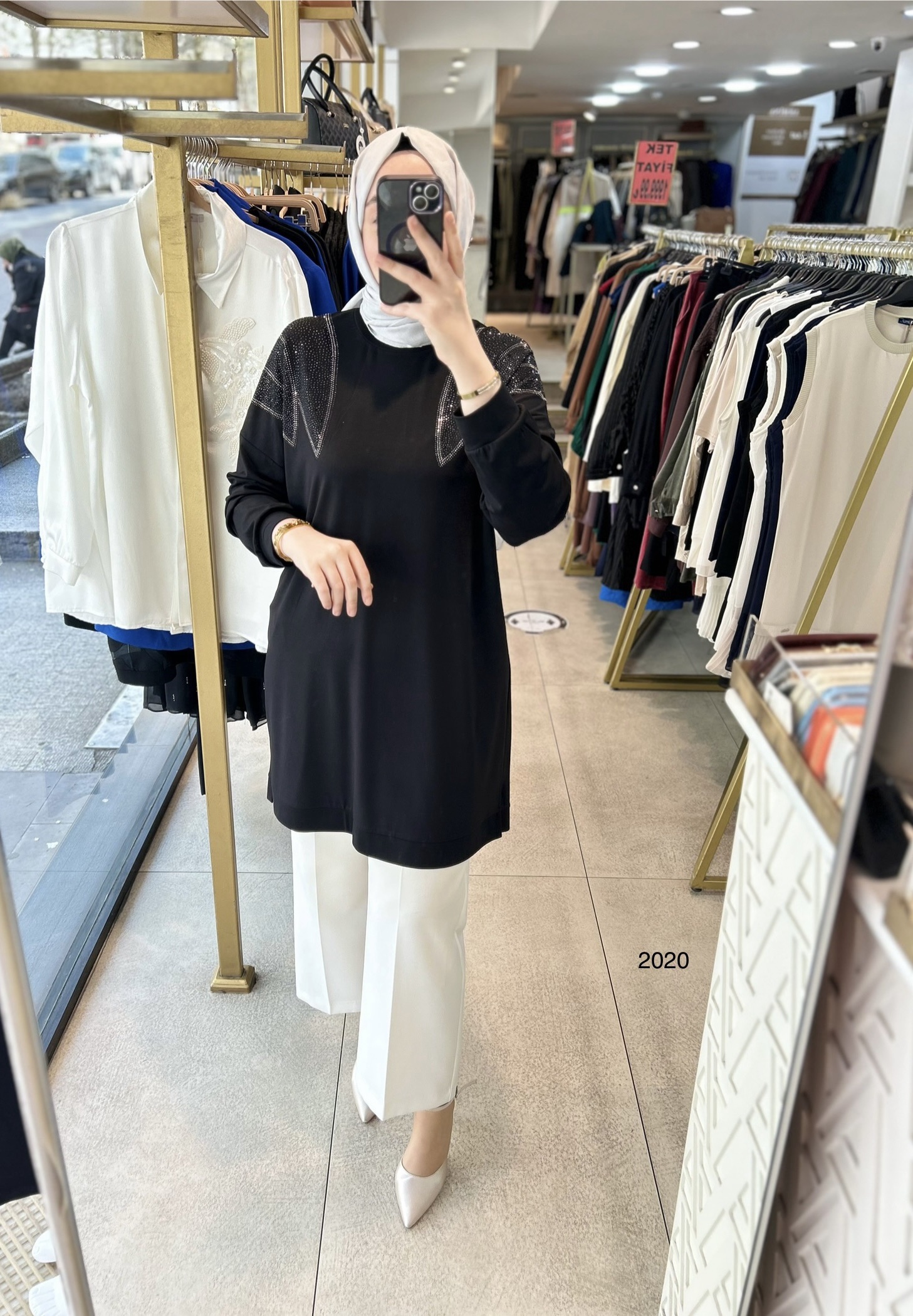 2020 OMUZLARI TAŞ DETAYLI BAMBU KUMAŞ TUNİK - Görsel 11