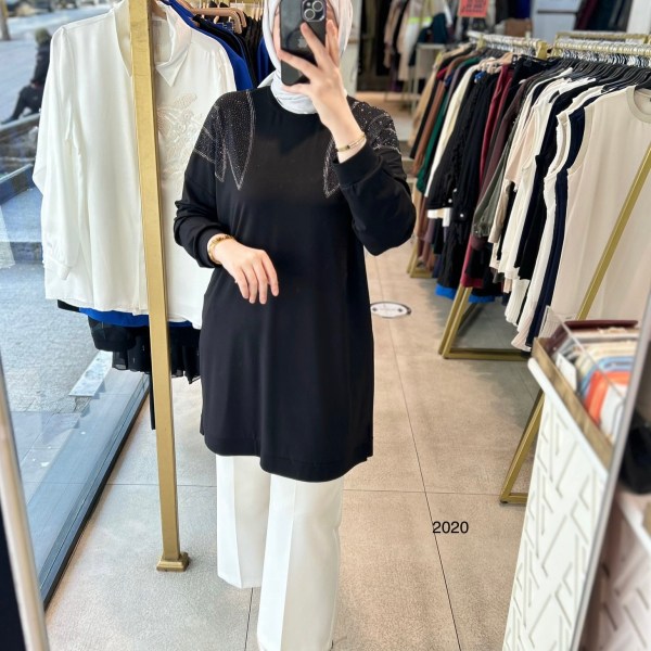 2020 OMUZLARI TAŞ DETAYLI BAMBU KUMAŞ TUNİK - Görsel 10