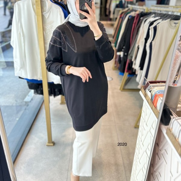 2020 OMUZLARI TAŞ DETAYLI BAMBU KUMAŞ TUNİK - Görsel 18