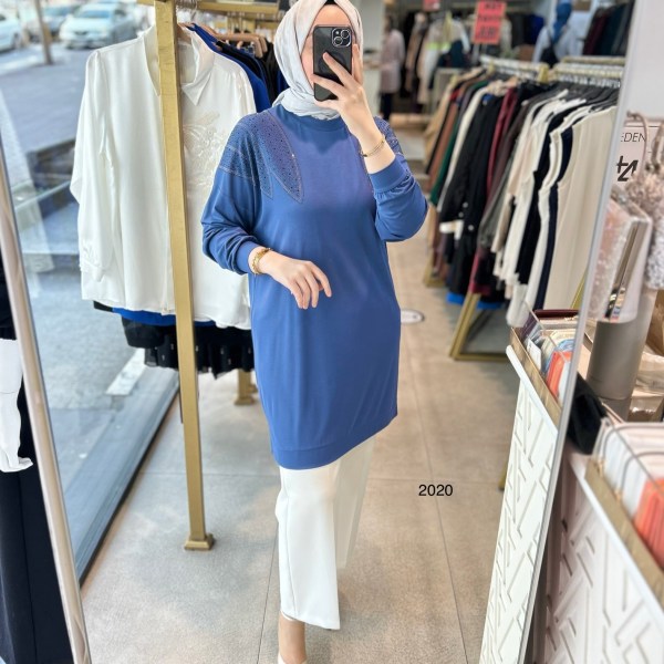 2020 OMUZLARI TAŞ DETAYLI BAMBU KUMAŞ TUNİK - Görsel 20