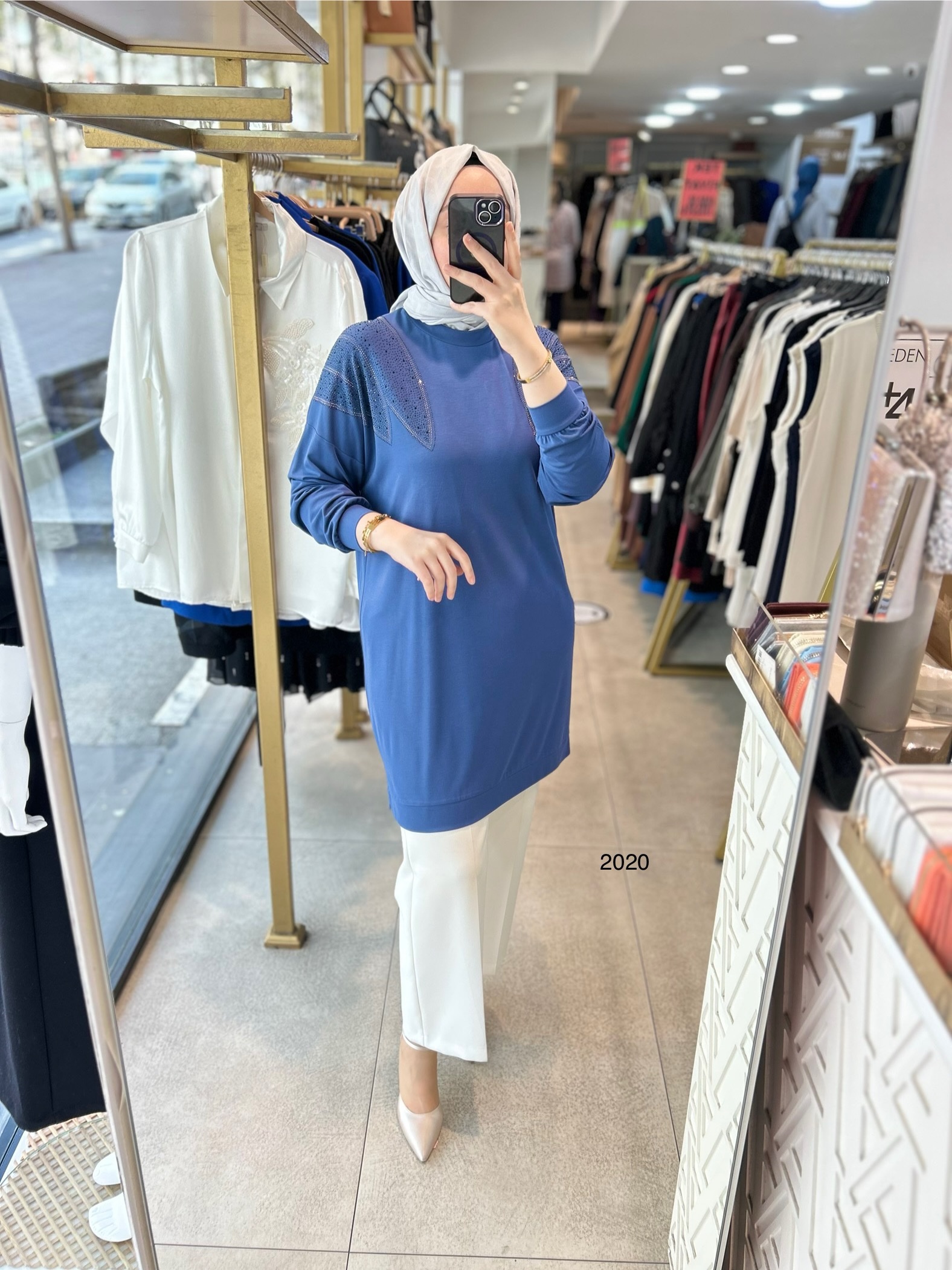 2020 OMUZLARI TAŞ DETAYLI BAMBU KUMAŞ TUNİK - Görsel 8