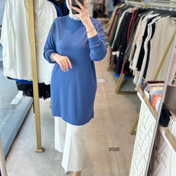 2020 OMUZLARI TAŞ DETAYLI BAMBU KUMAŞ TUNİK - Görsel 13