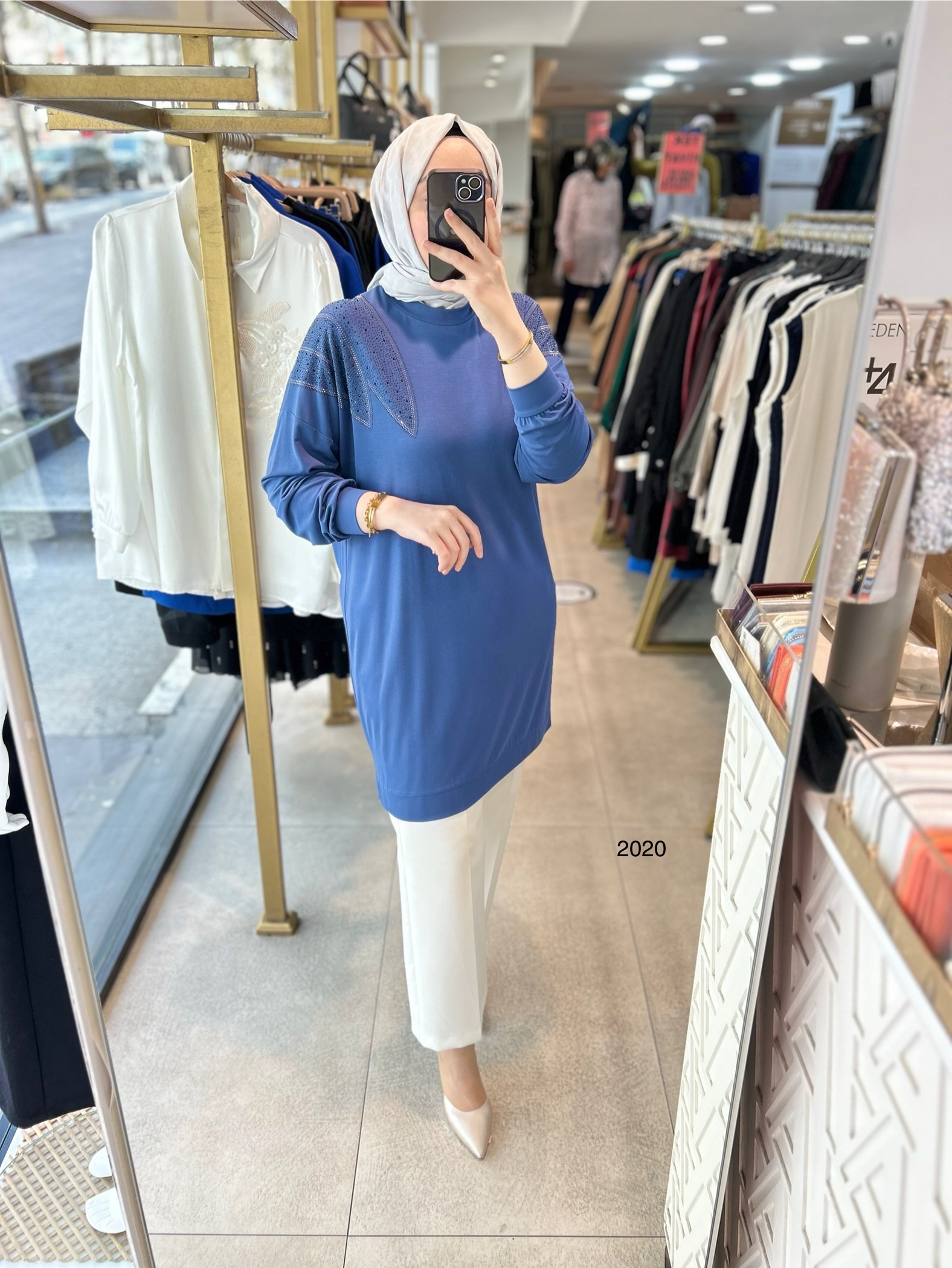 2020 OMUZLARI TAŞ DETAYLI BAMBU KUMAŞ TUNİK - Görsel 6