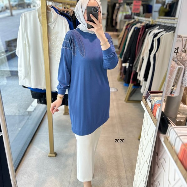 2020 OMUZLARI TAŞ DETAYLI BAMBU KUMAŞ TUNİK - Görsel 5