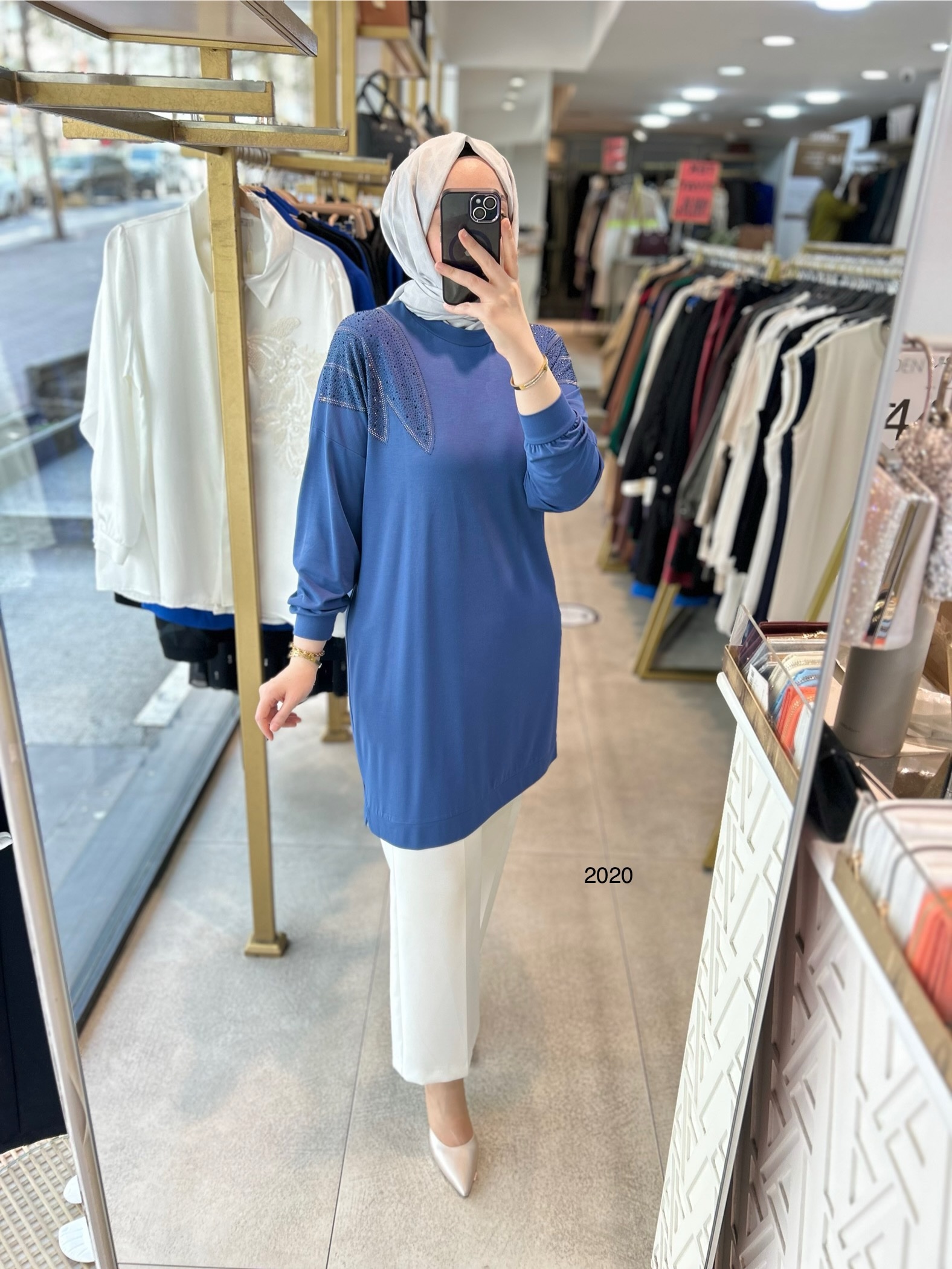 2020 OMUZLARI TAŞ DETAYLI BAMBU KUMAŞ TUNİK - Görsel 5