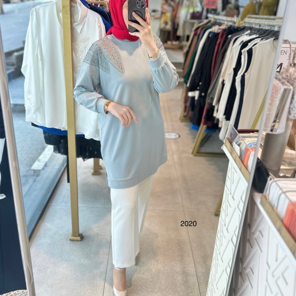 2020 OMUZLARI TAŞ DETAYLI BAMBU KUMAŞ TUNİK - Görsel 19