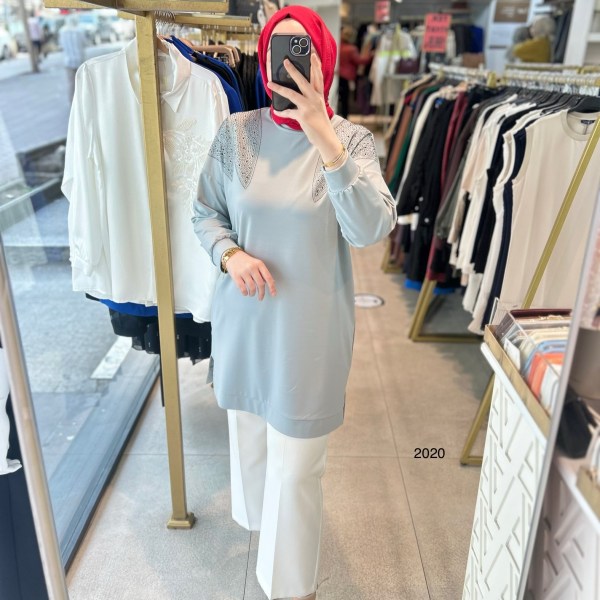 2020 OMUZLARI TAŞ DETAYLI BAMBU KUMAŞ TUNİK - Görsel 1