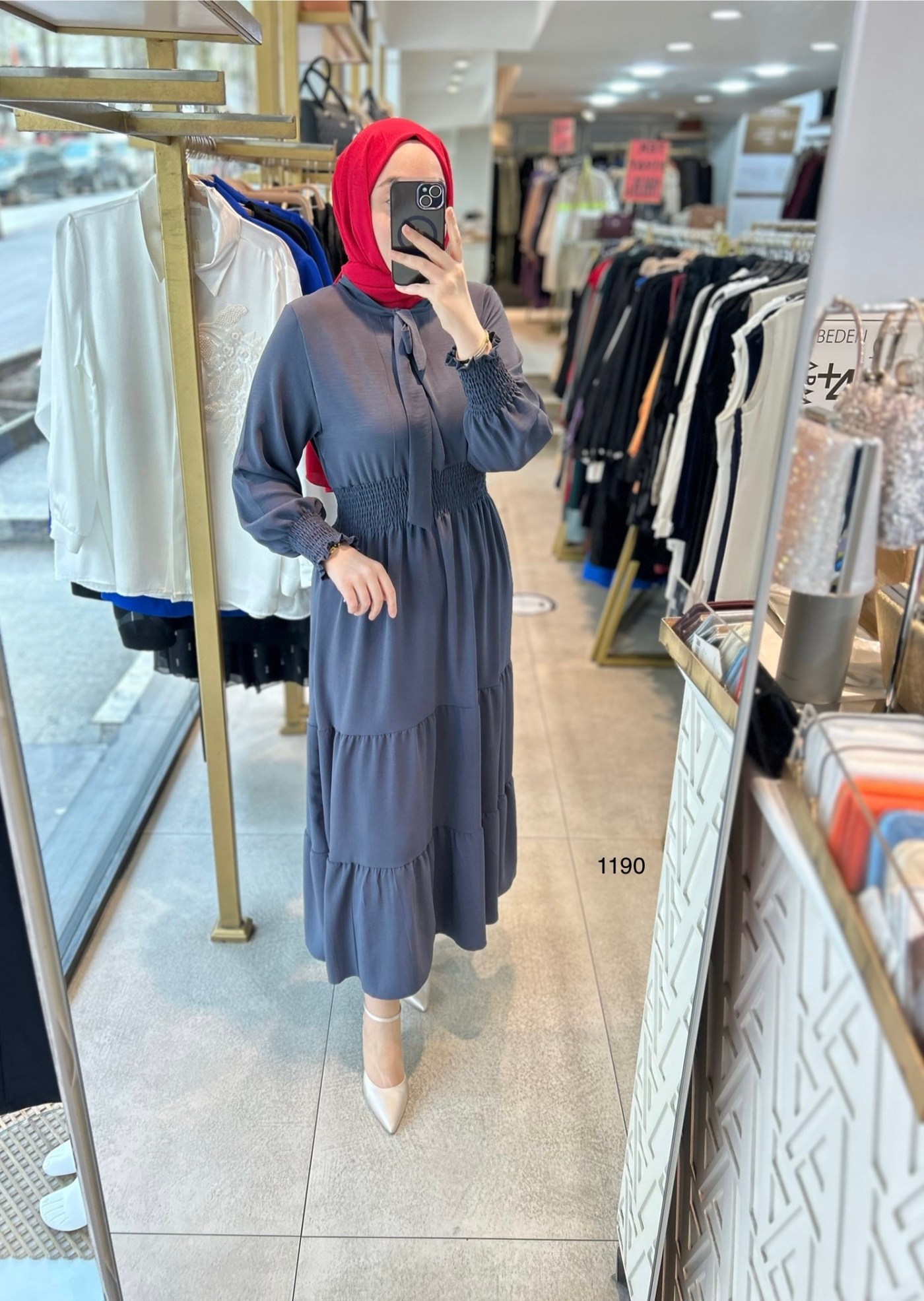 1199 BELİ LASTİKLİ YAKA DETAYLI ELBİSE