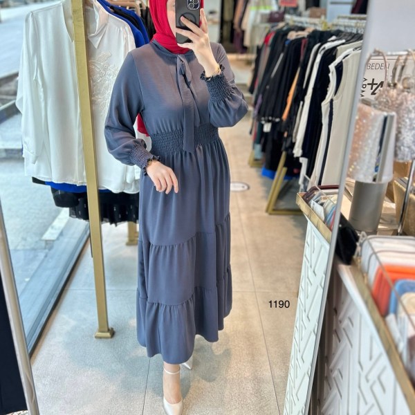 1199 BELİ LASTİKLİ YAKA DETAYLI ELBİSE - Görsel 6