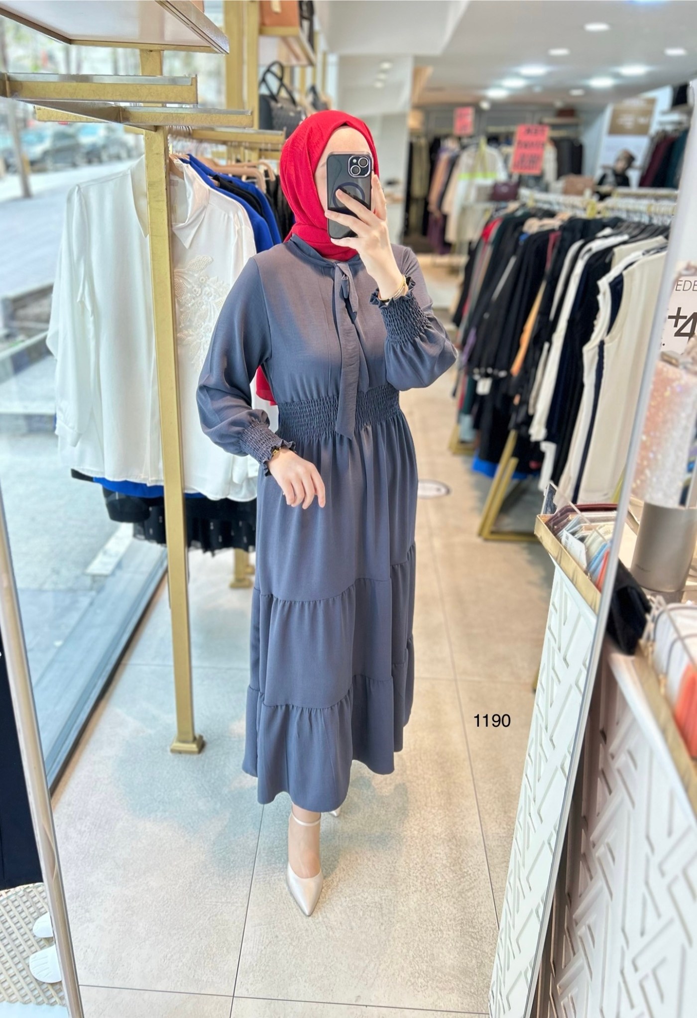 1199 BELİ LASTİKLİ YAKA DETAYLI ELBİSE