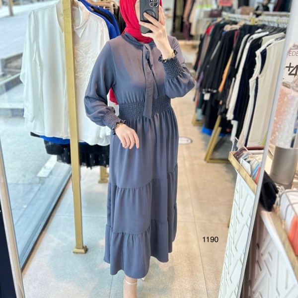 1199 BELİ LASTİKLİ YAKA DETAYLI ELBİSE - Görsel 4