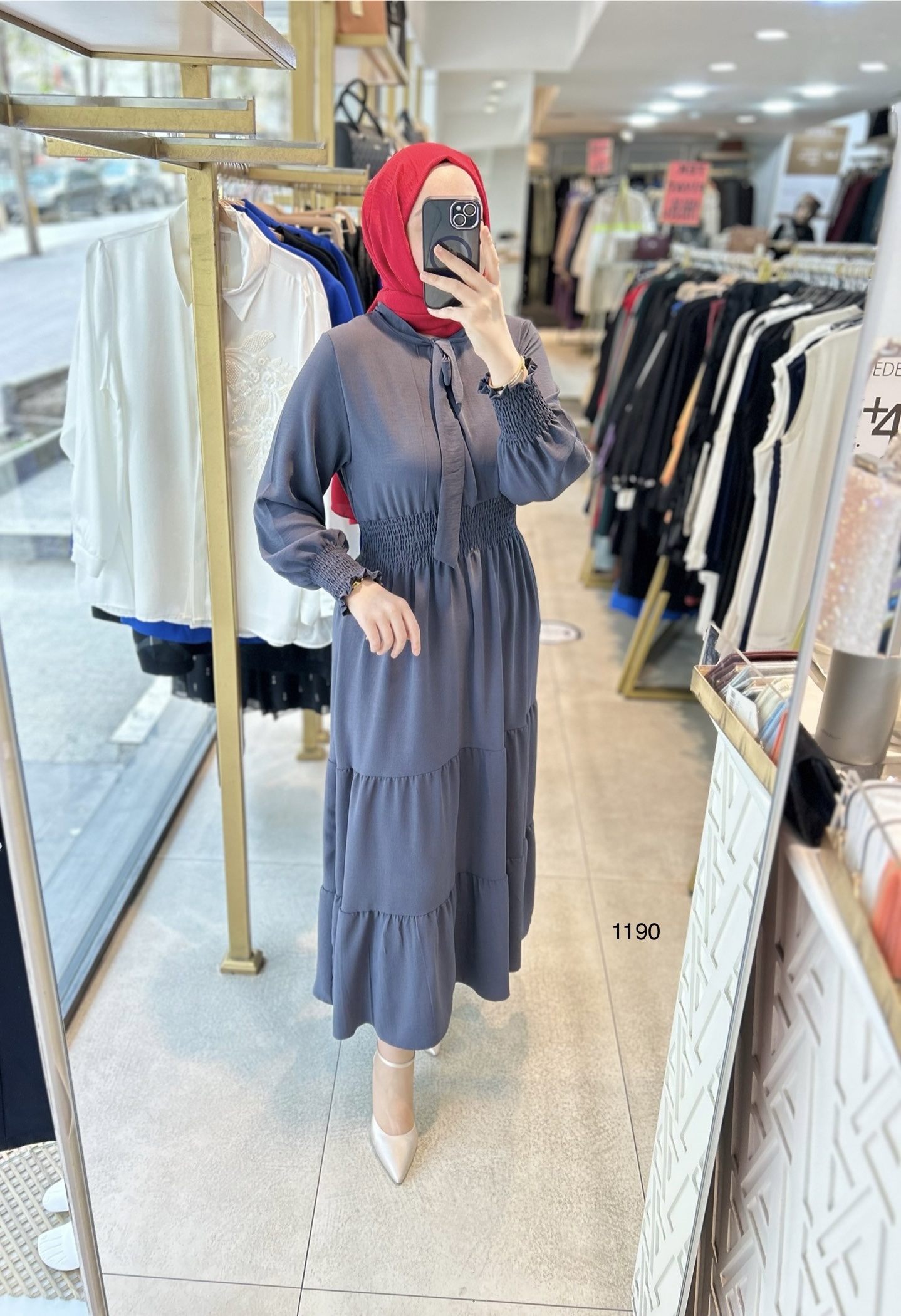 1199 BELİ LASTİKLİ YAKA DETAYLI ELBİSE - Görsel 4