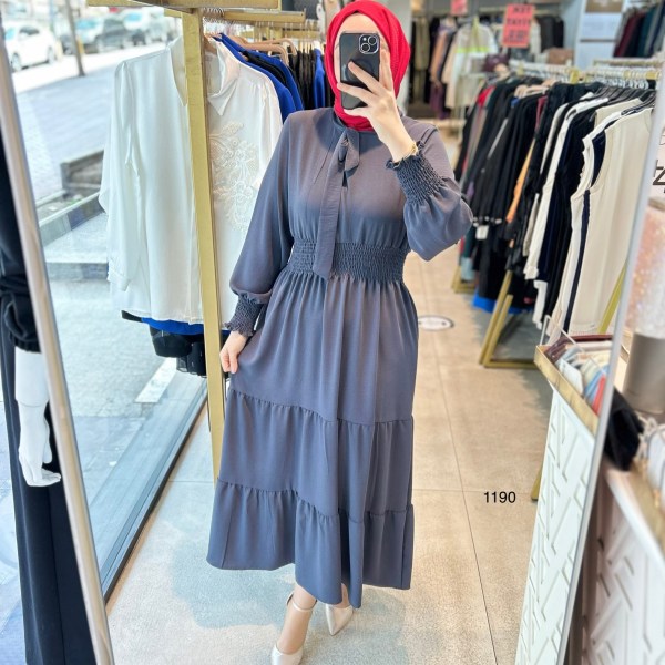 1199 BELİ LASTİKLİ YAKA DETAYLI ELBİSE - Görsel 5