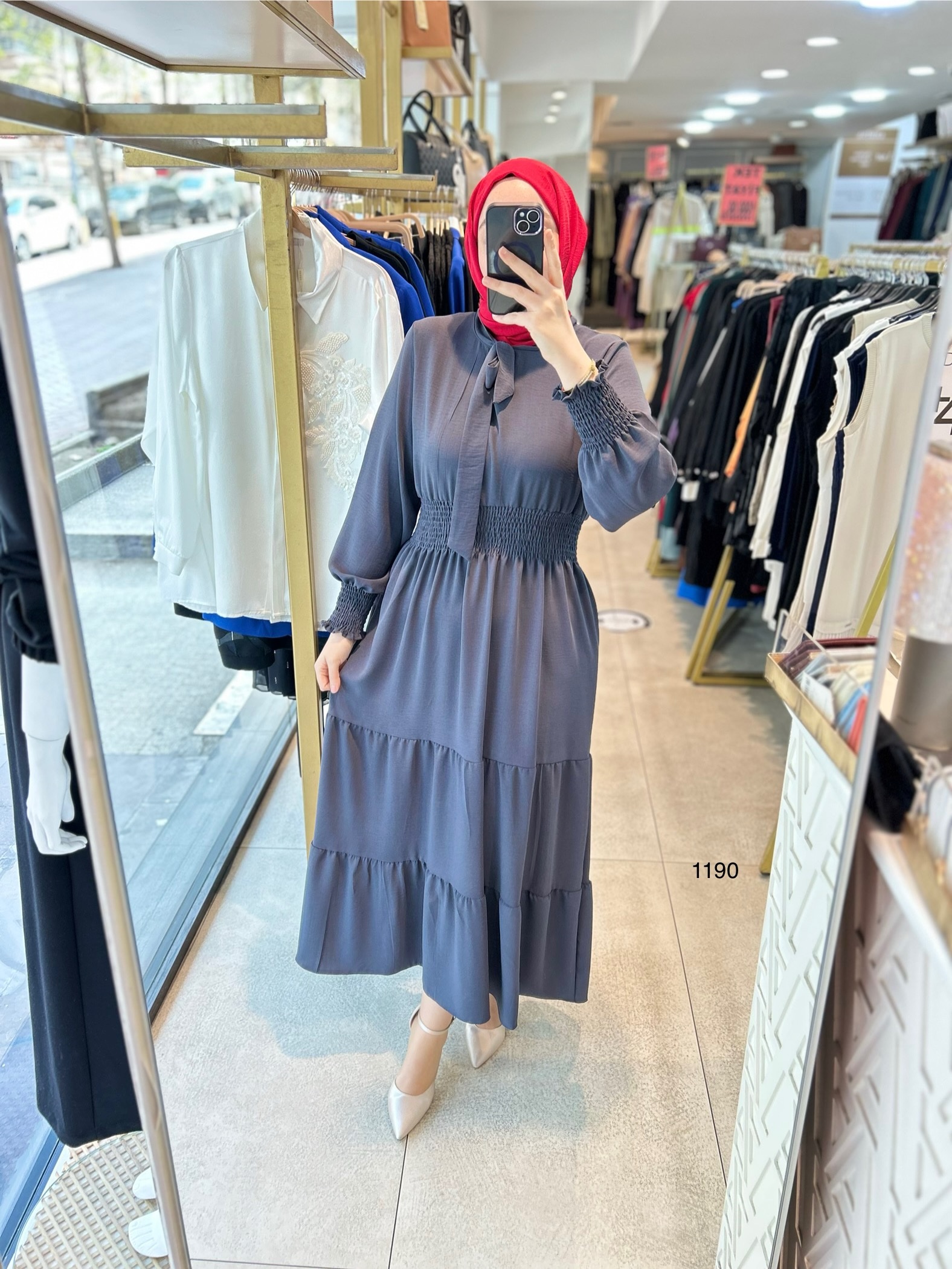 1199 BELİ LASTİKLİ YAKA DETAYLI ELBİSE - Görsel 5