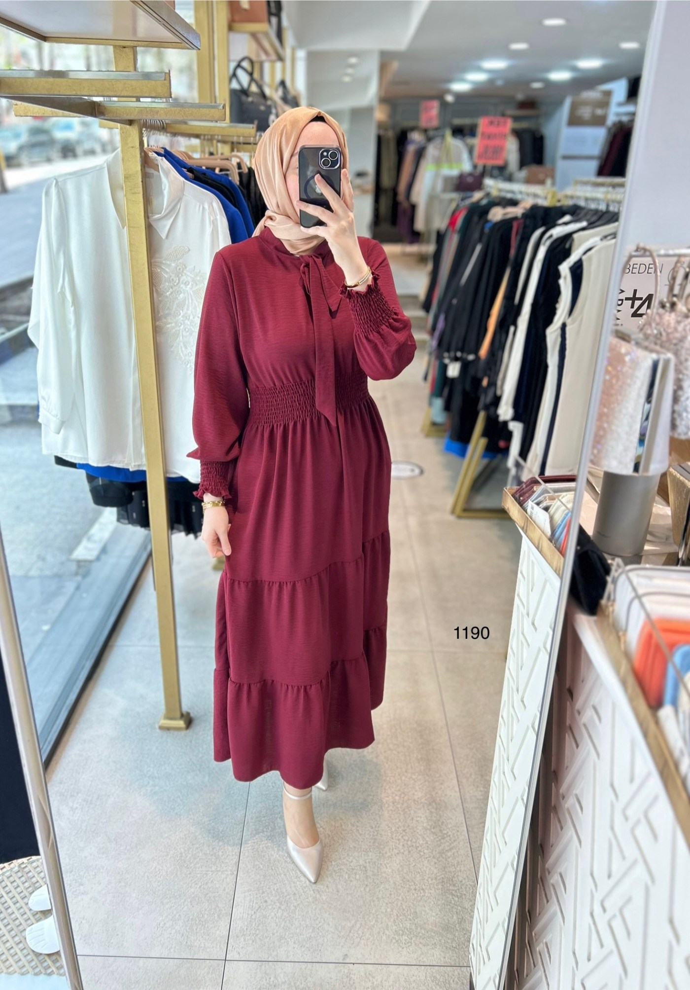 1199 BELİ LASTİKLİ YAKA DETAYLI ELBİSE