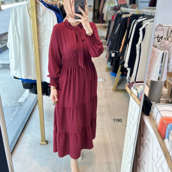 1199 BELİ LASTİKLİ YAKA DETAYLI ELBİSE - Görsel 1