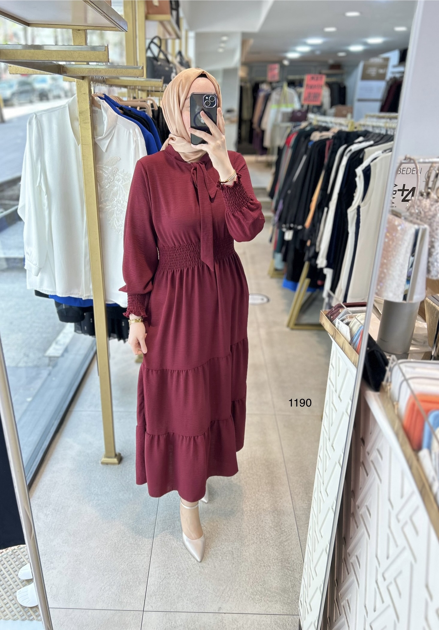 1199 BELİ LASTİKLİ YAKA DETAYLI ELBİSE - Görsel 1