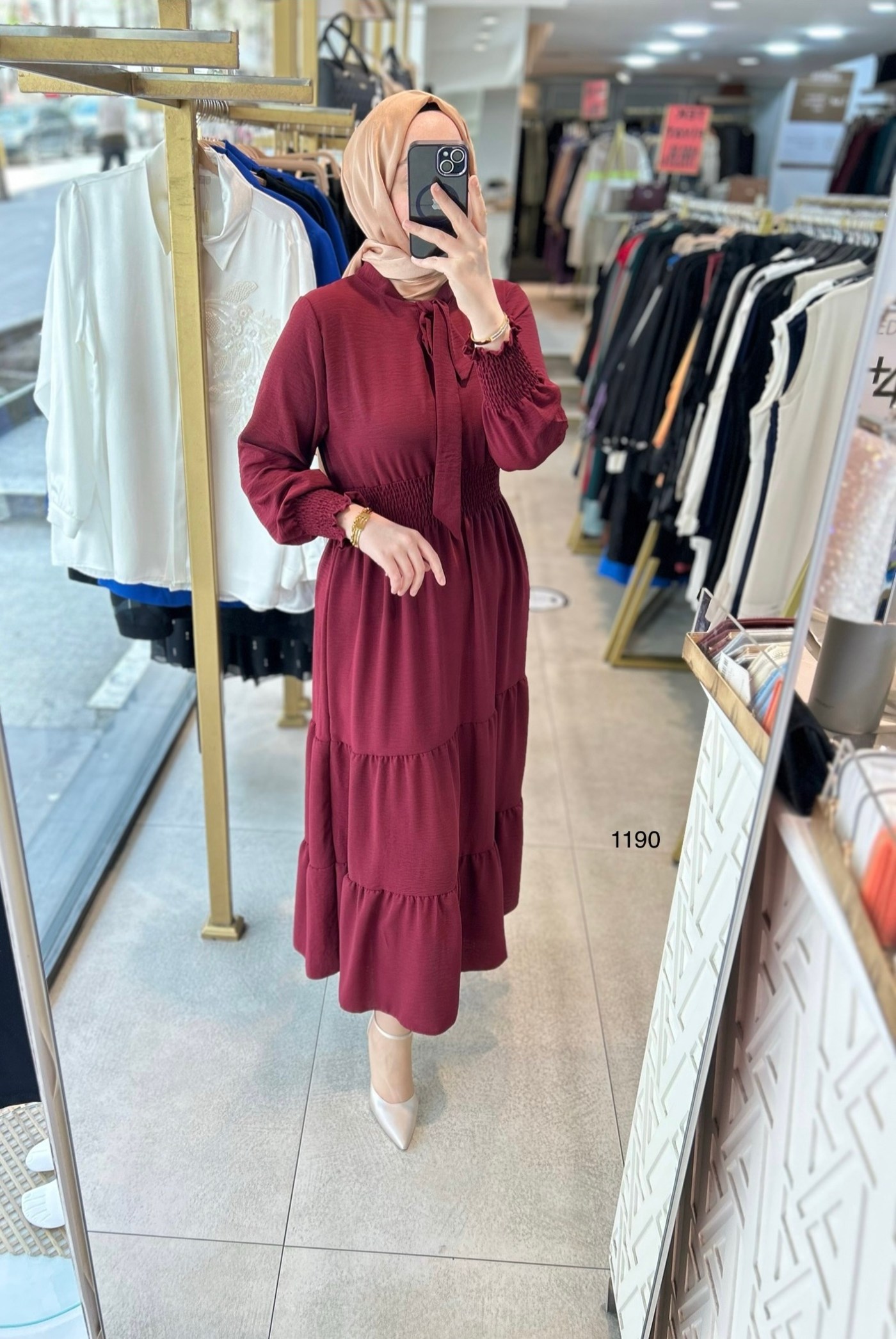 1199 BELİ LASTİKLİ YAKA DETAYLI ELBİSE