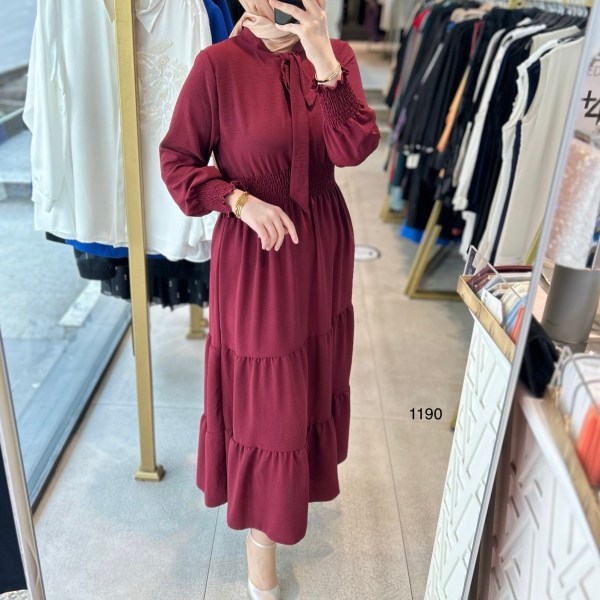 1199 BELİ LASTİKLİ YAKA DETAYLI ELBİSE - Görsel 3