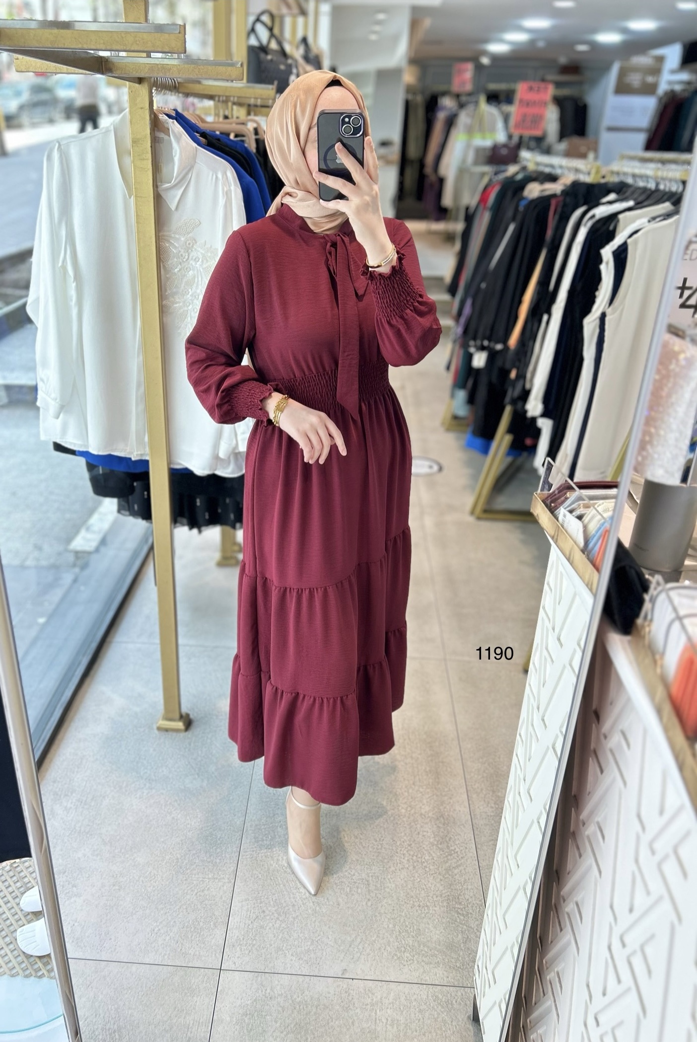 1199 BELİ LASTİKLİ YAKA DETAYLI ELBİSE - Görsel 3