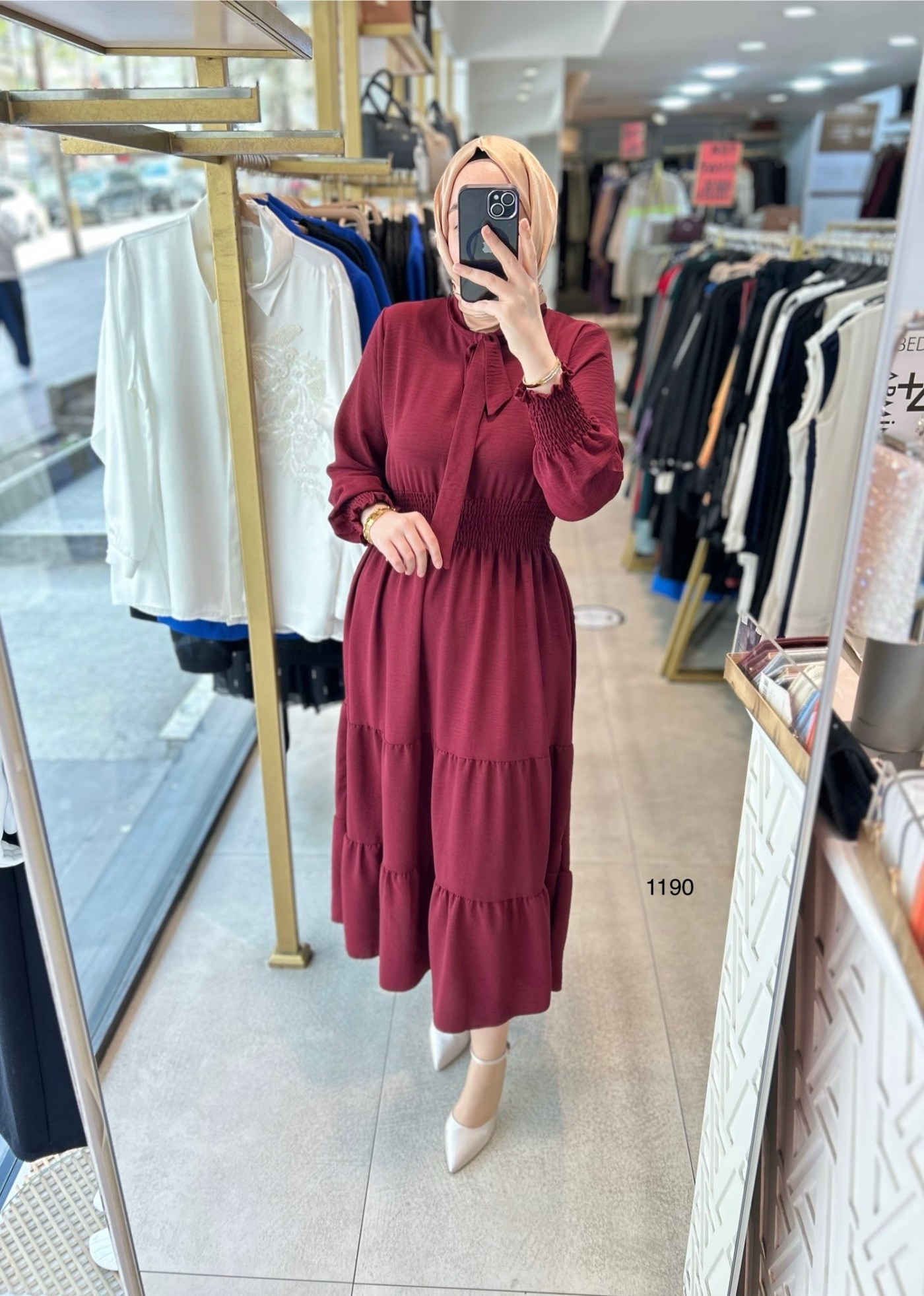 1199 BELİ LASTİKLİ YAKA DETAYLI ELBİSE