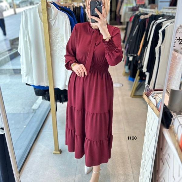 1199 BELİ LASTİKLİ YAKA DETAYLI ELBİSE - Görsel 2