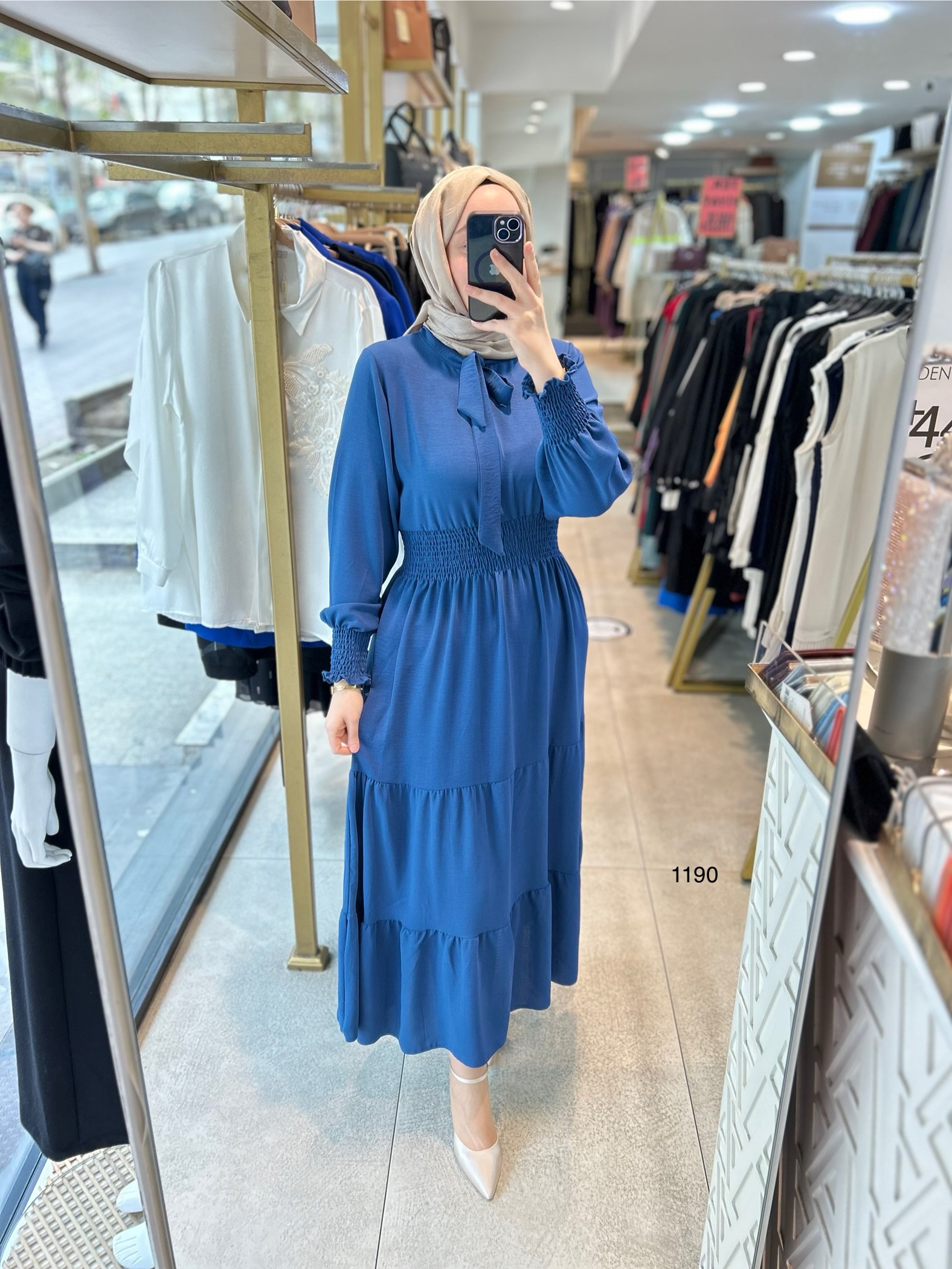 1199 BELİ LASTİKLİ YAKA DETAYLI ELBİSE - Görsel 7