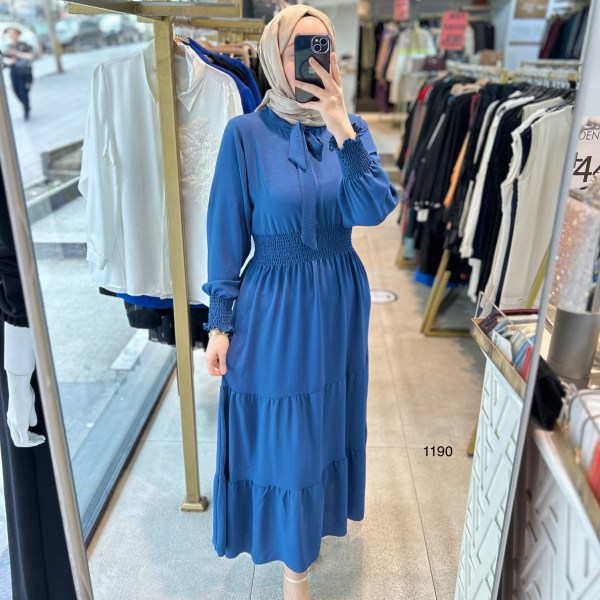 1199 BELİ LASTİKLİ YAKA DETAYLI ELBİSE - Görsel 12