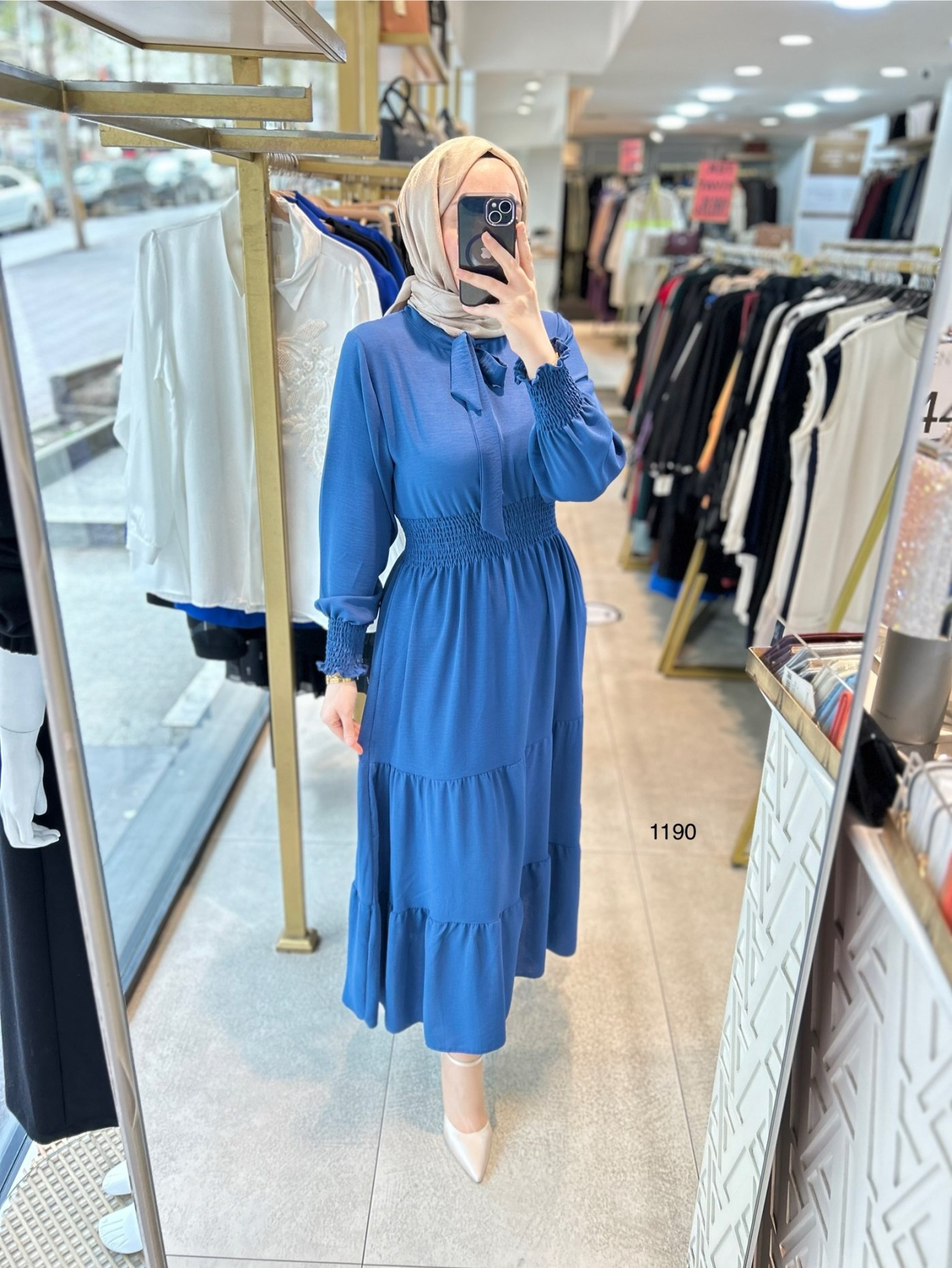 1199 BELİ LASTİKLİ YAKA DETAYLI ELBİSE