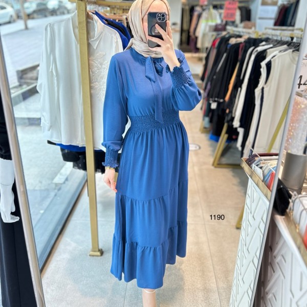 1199 BELİ LASTİKLİ YAKA DETAYLI ELBİSE - Görsel 8