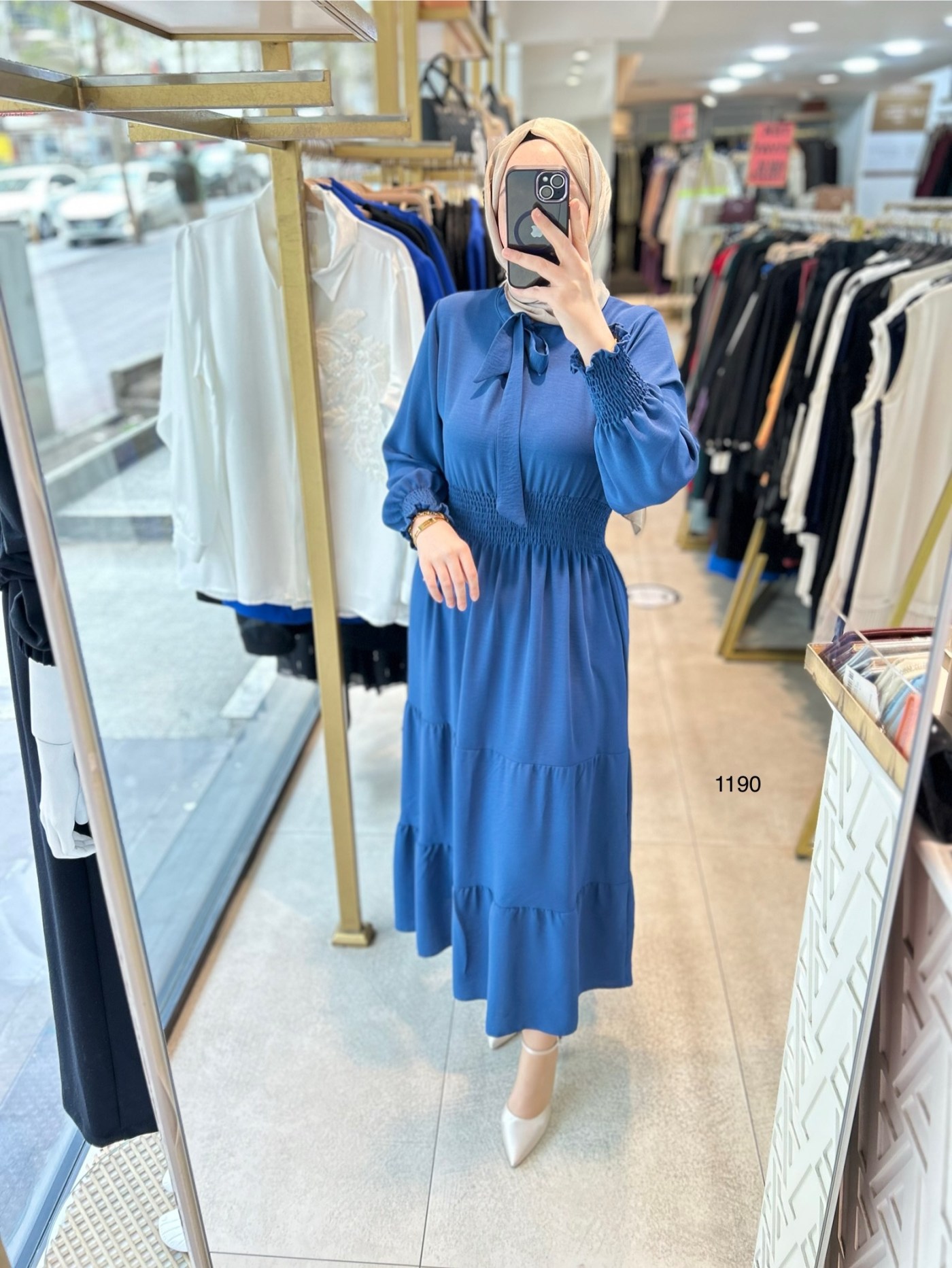 1199 BELİ LASTİKLİ YAKA DETAYLI ELBİSE