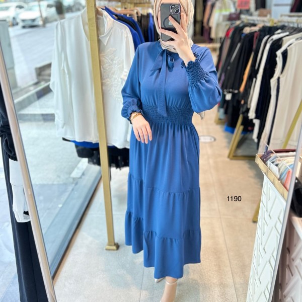 1199 BELİ LASTİKLİ YAKA DETAYLI ELBİSE - Görsel 9