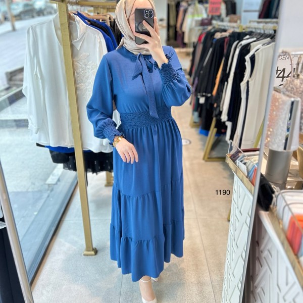 1199 BELİ LASTİKLİ YAKA DETAYLI ELBİSE - Görsel 10