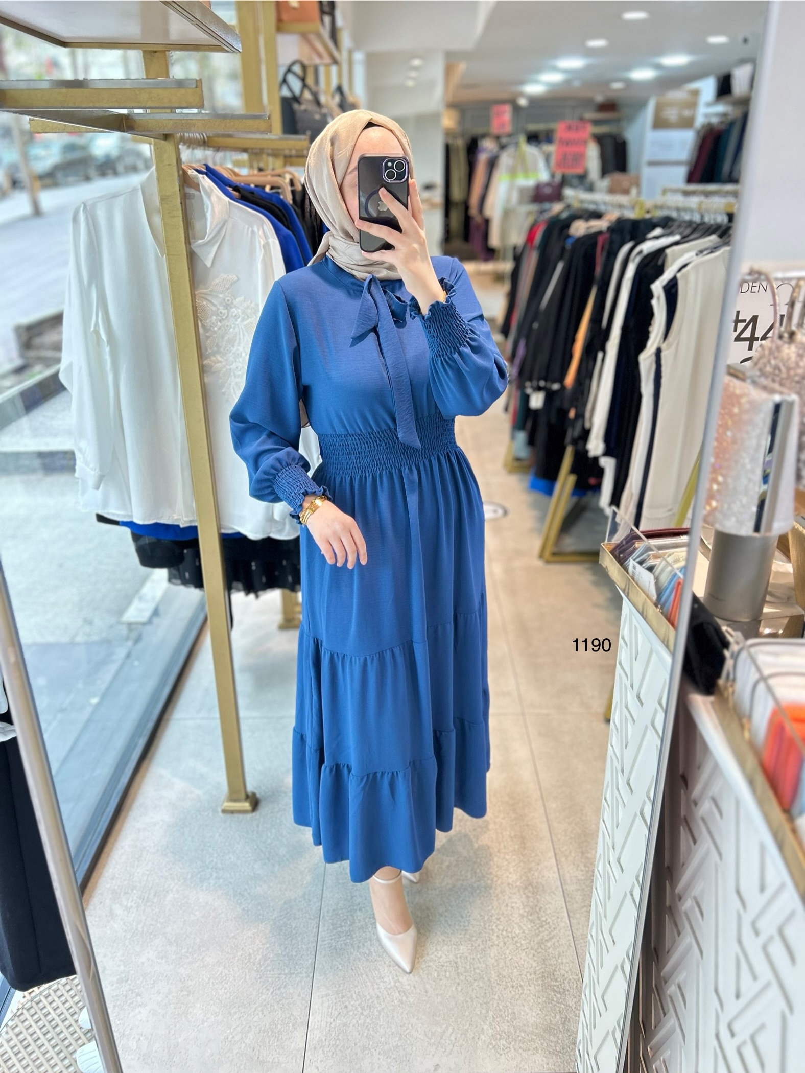 1199 BELİ LASTİKLİ YAKA DETAYLI ELBİSE - Görsel 10