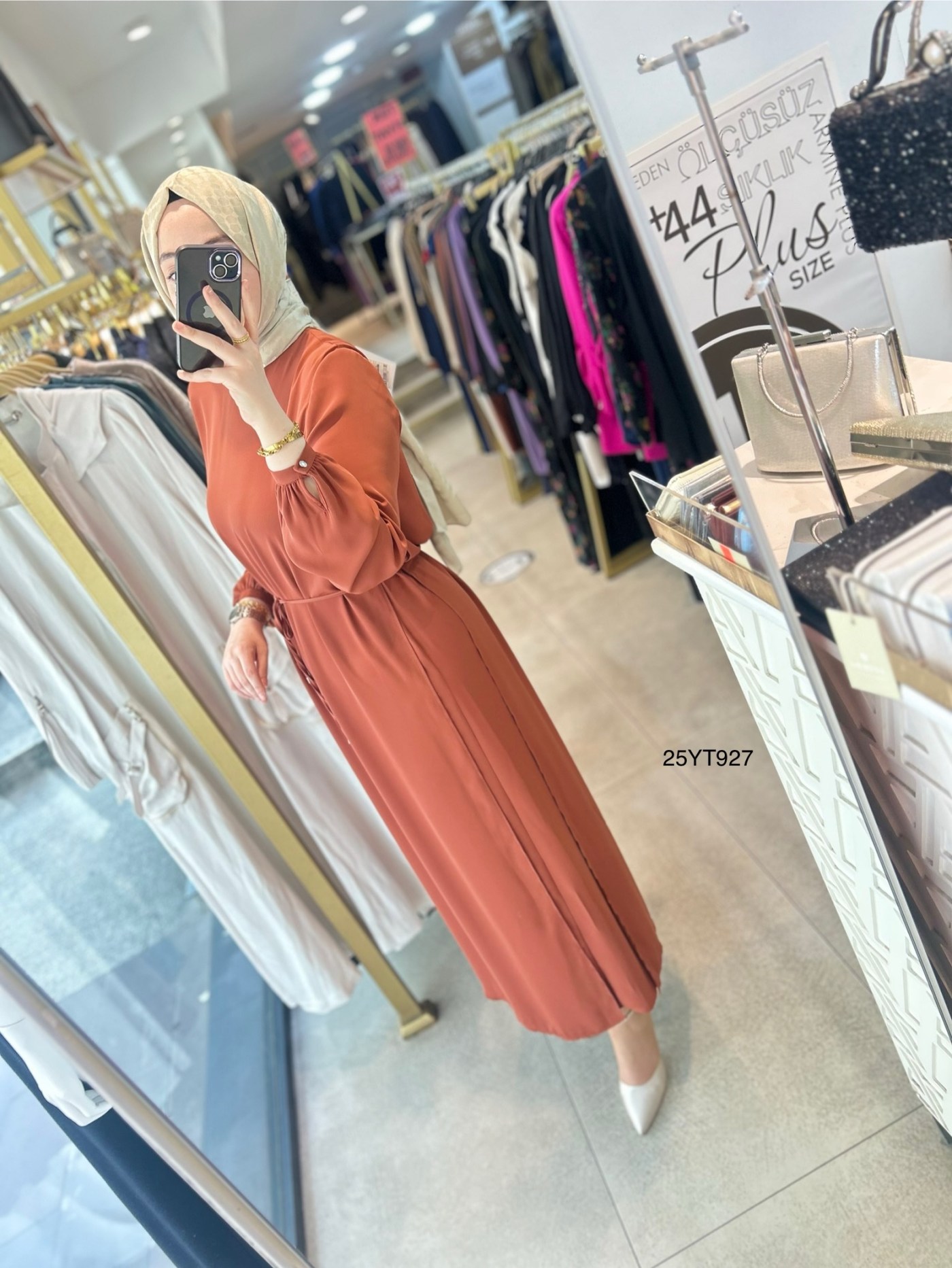 ARMİNE TREND Kolları Lastikli Astarlı Elbise Kahve 25YT927