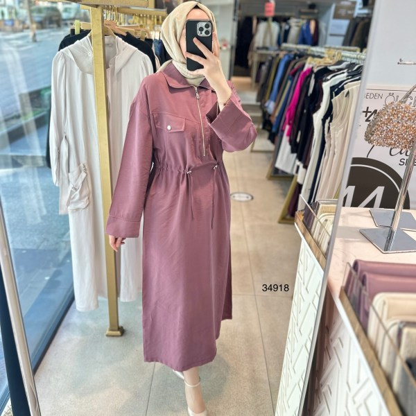 34918 Cep Kapaklı Belden Büzgülü Elbise - Görsel 2