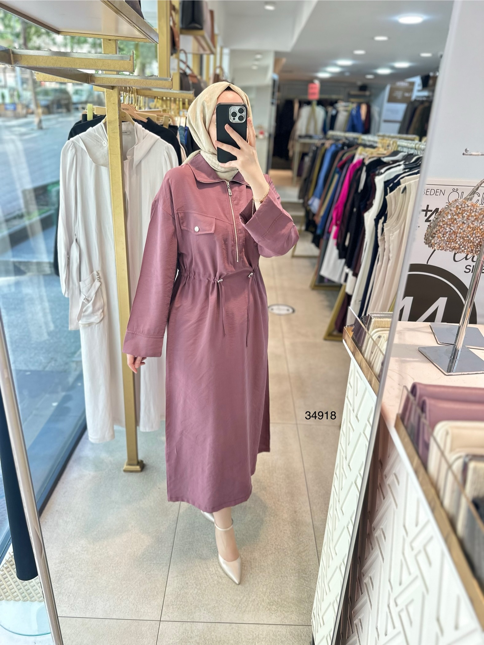 34918 Cep Kapaklı Belden Büzgülü Elbise - Görsel 2