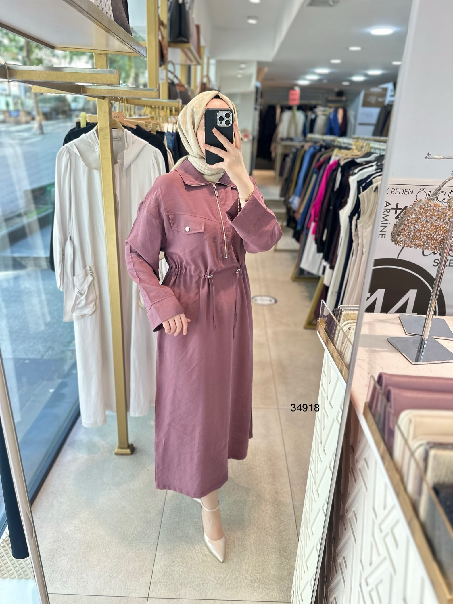 34918 Cep Kapaklı Belden Büzgülü Elbise - Görsel 1