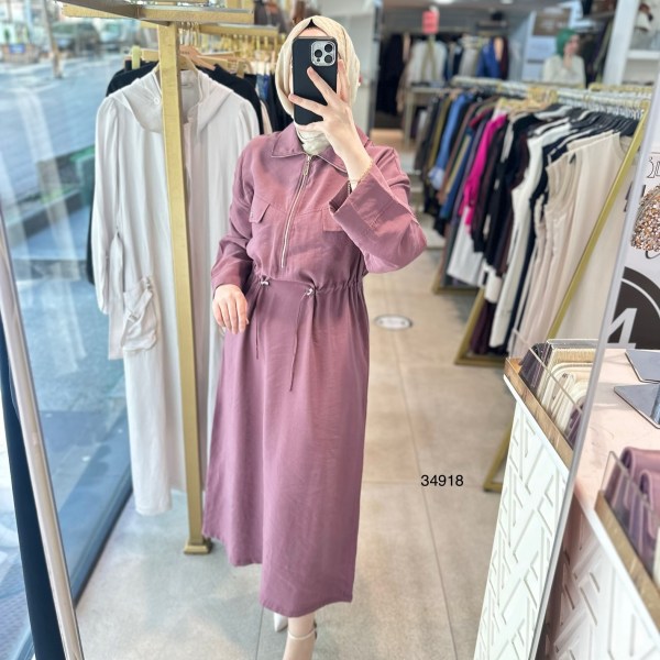 34918 Cep Kapaklı Belden Büzgülü Elbise - Görsel 3