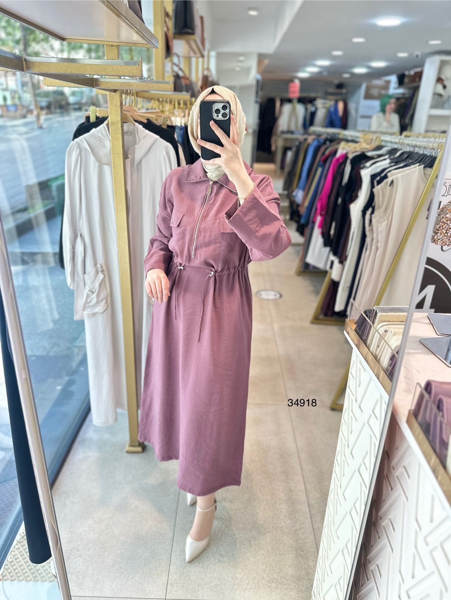 34918 Cep Kapaklı Belden Büzgülü Elbise - Görsel 3