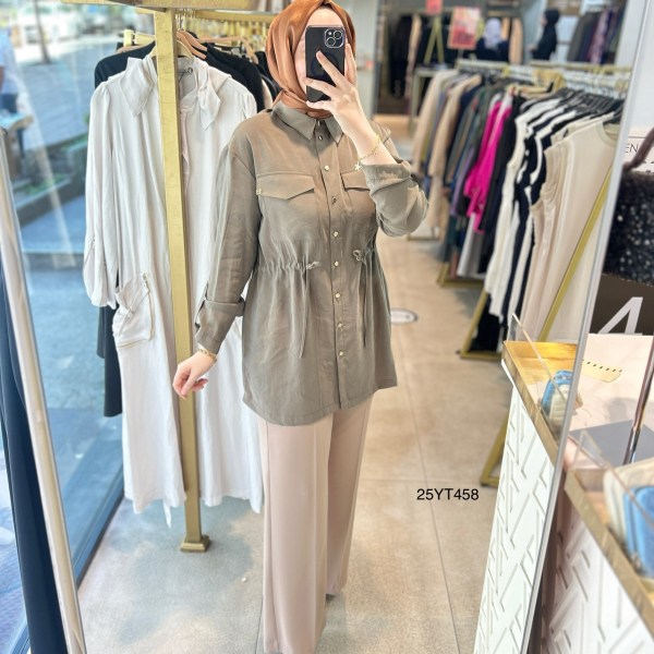ARMİNE TREND Beli Lastikli Düğmeli Gömlek Yaka Tunik  25YT458 - Görsel 7