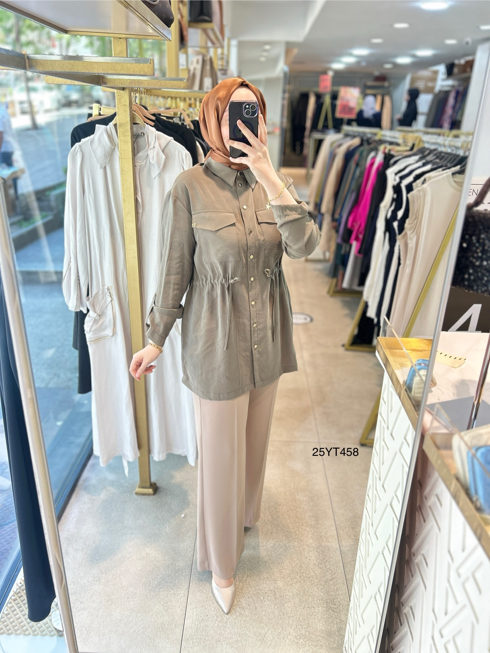 ARMİNE TREND Beli Lastikli Düğmeli Gömlek Yaka Tunik  25YT458 - Görsel 12