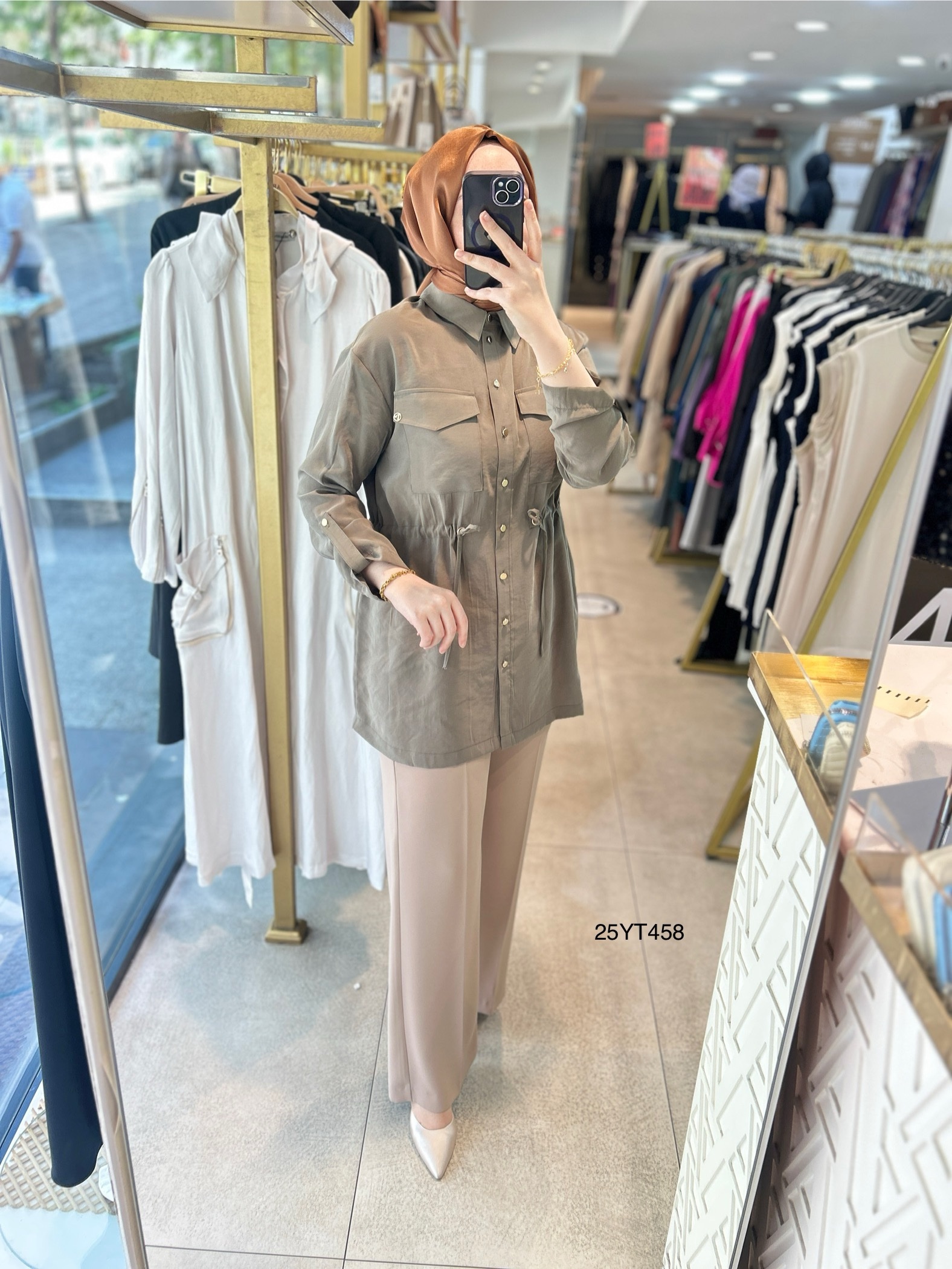 ARMİNE TREND Beli Lastikli Düğmeli Gömlek Yaka Tunik  25YT458 - Görsel 18