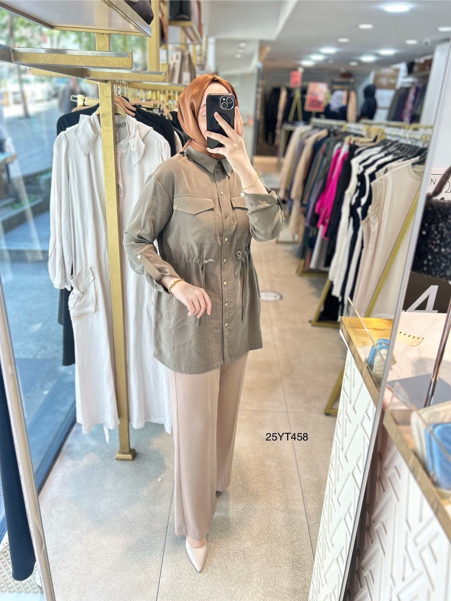 ARMİNE TREND Beli Lastikli Düğmeli Gömlek Yaka Tunik  25YT458 - Görsel 15