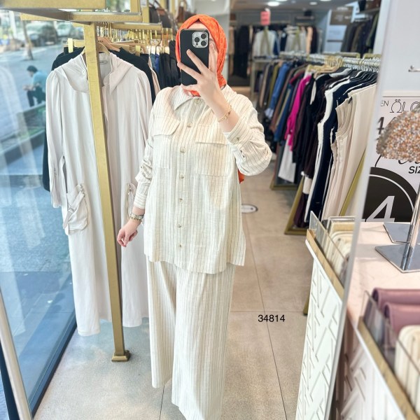 34814 ÇİZGİLİ KETEN TAKIM - Görsel 4