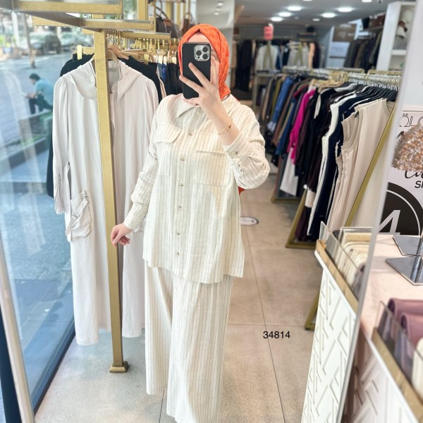 34814 ÇİZGİLİ KETEN TAKIM - Görsel 1