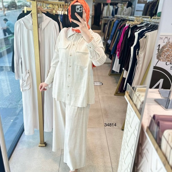 34814 ÇİZGİLİ KETEN TAKIM - Görsel 2