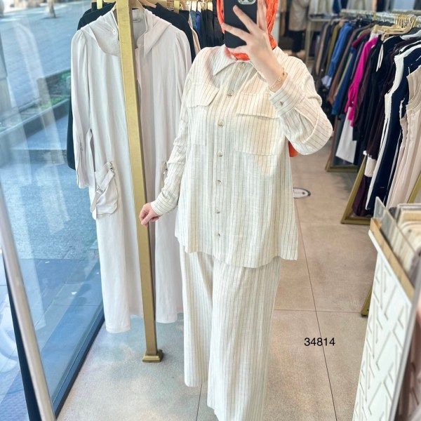 34814 ÇİZGİLİ KETEN TAKIM - Görsel 3