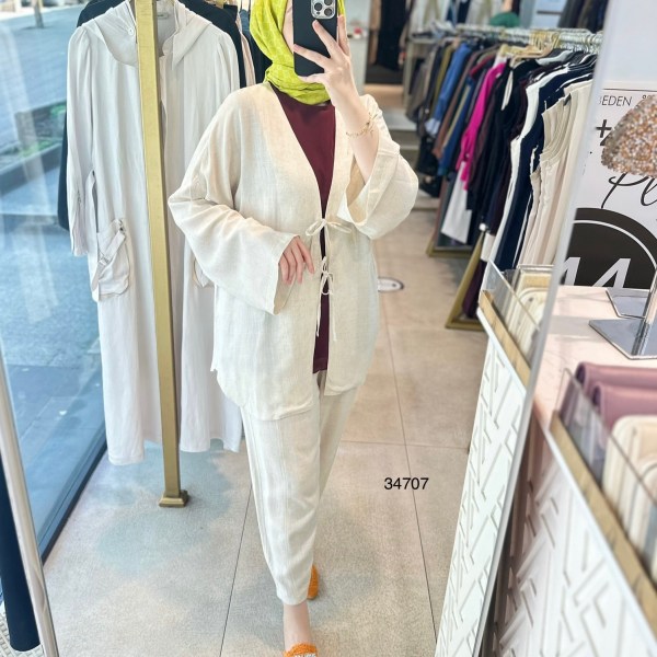 34707 KETEN KİMONO TAKIM - Görsel 1