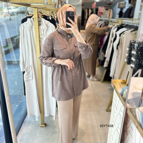 ARMİNE TREND Beli Lastikli Düğmeli Gömlek Yaka Tunik  25YT458 - Görsel 13